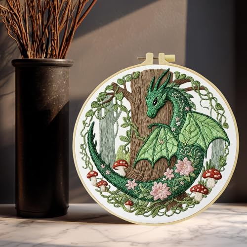 ZuoAnLF Green Dragon Handmade DIY Embroidery kit for Beginners Adult,ncludes Embroidery Cloth, Instructions, Embroidery Frame and Needle and Thread, Suitable for Craft Lover Hand Stitch Gifts