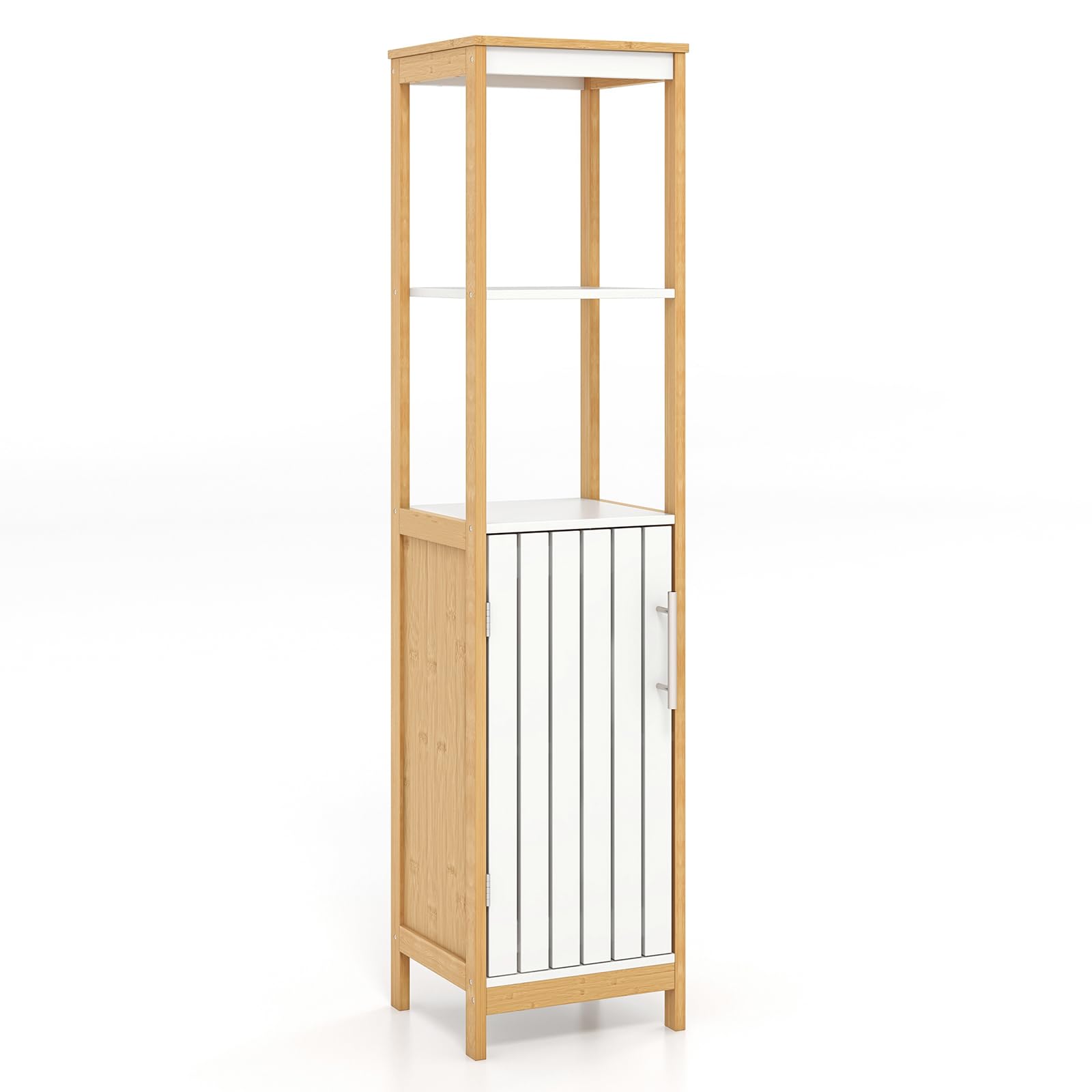 Tangkula Tall Bathroom Cabinet, Freestanding Narrow Storage Cabinet w/Door, Shelves & Adjustable Shelf, Slim Linen Tower Stand for Living Room Bathroom, 51" H, Natural Bamboo (White+Natural) - WoodArtSupply