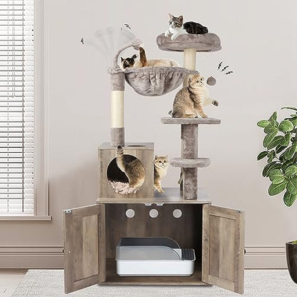 Timberer Cat Tree with Litter Box Enclosure, 2-in-1 Cat Tower for Indoor Cats, Large Cat Furniture, Wood Cat Condo with Basket, Scratching Posts, Pompoms, Grey - WoodArtSupply