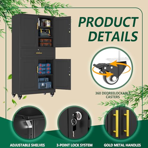 winiowa 71" Tall Metal Garage Storage Cabinet with Wheels and Locking Doors, Locking Rolling Tool Cabinet with Drawer and 3 Adjustable Shelves for Garage,Home,Office (Black) winiowa
