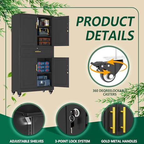 winiowa 71" Tall Metal Garage Storage Cabinet with Wheels and Locking Doors, Locking Rolling Tool Cabinet with Drawer and 3 Adjustable Shelves for Garage,Home,Office (Black) winiowa