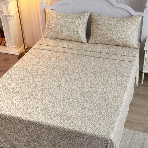 Drozeeo King Leopard Print Sheets, Cheetah Pattern King Size Sheet Set with Elastic Corner Straps, Soft Microfiber Animal Bedsheet, Beige Drozeeo