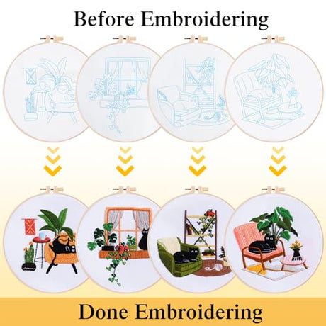 LOMOHOO 4 Sets Cat Embroidery Kit for Beginners, Cute Cat Pattern, Starter Craft DIY Embroidery Sets (Black Cat) LOMOHOO