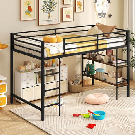 Giantex Low Loft Bed Twin Size, Heavy Duty Metal Frame w/Storage Shelves, Ladder & Full-Length Guardrails, Ample Under-Bed Space, Kids Loft Bed with Stairs for Boys Girls Junior, No Box Spring Needed Giantex