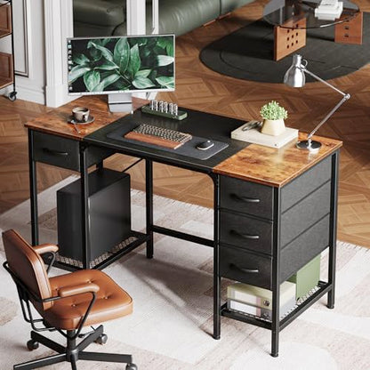 Huuger 47 Inch Computer Desk with 4 Drawers, Office Desk with Mesh Shelf, Gaming Desk, Large Storage, Writing Desk Work Desk for Home Office, Study, Bedroom, Work from Home, Rustic Brown and  - WoodArtSupply