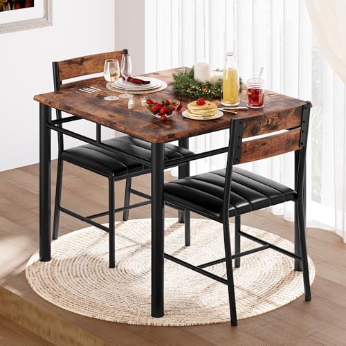 IRONCK Dining Table Set for 2, Small Kitchen Table with Upholstered Chairs Dinning Table Set for Kitchen & Dining Room, Compact Dining Set for Small Spaces, Rustic Brown IRONCK