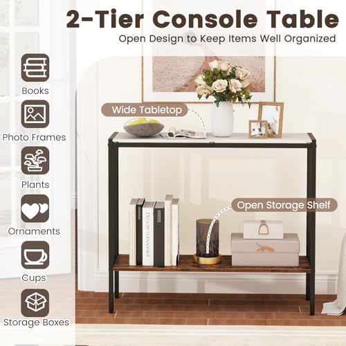 GOFLAME Entryway Table with Storage, 2-Tier Marble Sofa Table with Sintered Stone Top, Wood Shelf, Industrial, Metal Frame, Modern Console Tables for Entryway, Living Room, White & Rustic Brown GOFLAME