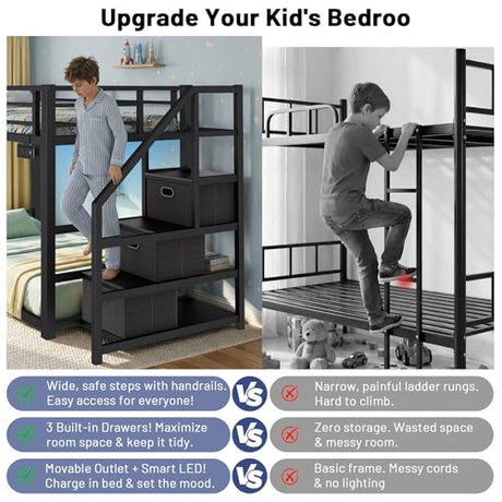 Twin Over Twin Metal Bunk Bed with Storage Stairs, Drawers & Shelves, Power Outlet and RGB LED Lights,Low Profile Kids Bunk Bed Frame with Safety Guardrails & Metal Slats,No Box Spring Needed (Black) HKOLIE