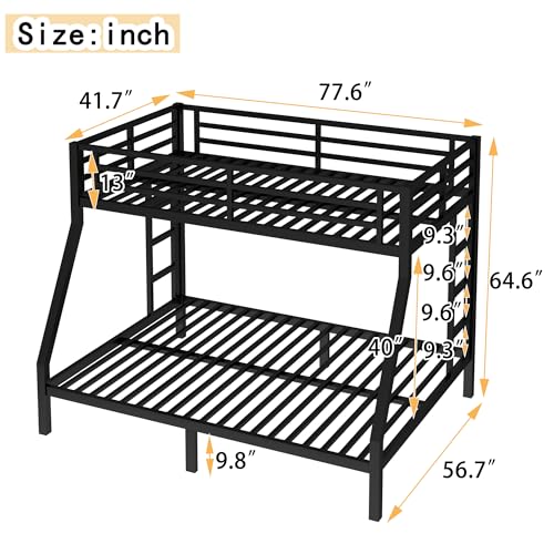 Bellemave Twin Over Full Bunk Bed for Teens, Twin Over Full Bunk Bed Frame with 2 Side Ladder and Full Length Guardrail, Easy Assemble Bunkbeds, Noise Reduced, Mattress Not Included, Black Bellemave