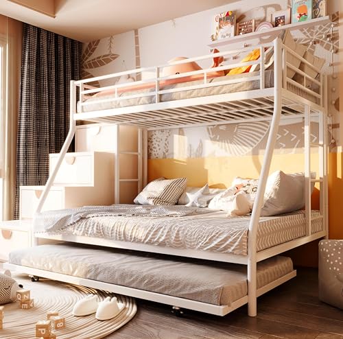 SUNLEI Metal Loft Bed with 2 Secured Ladders, Bunk Bed Twin Over Full with Trundle, Trundle Beds Twin Safety Guard, for Small Bedroom Noise Free (Twin Over Full, Snowy) SUNLEI