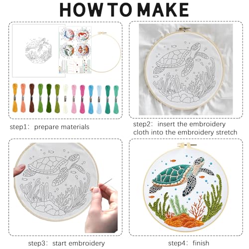 INFUNLY 4 Sets Whale Embroidery Kits for Beginners DIY Cross Stitch Starter Kits with Turtles Seahorses Patterns Fish Sea Animals Embroidery Kits with Instructions Embroidery Cloth Hoops Threads Tools
