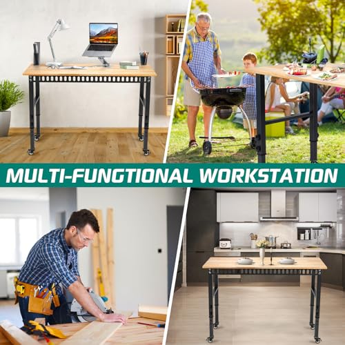 OLBRUS 48 "Adjustable Wheels Workbench, Heavy Duty 2000 LBS Load Capacity Hardwood Workbench Suitable for Workshop, Office, Garage, Home (Metal Wheels丨No Power Outlets 48"x24") OLBRUS