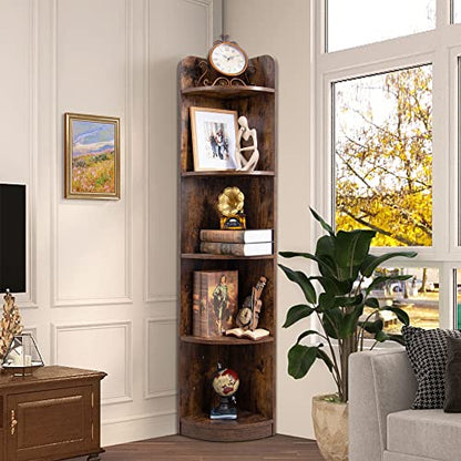 Modern 5-Tier Corner Bookshelf by Fun Memories - 63" Tall Freestanding Wood Storage Solution in Brown - WoodArtSupply