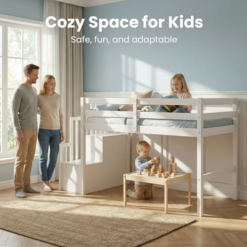 MoproBeti Low Loft Bed with Stairs, Wood Twin Size Kids Loft Bed with Guard Rails,Junior Low Loft Beds with Under-Bed Storage for Small Room/Low Ceiling Bedroom,White MoproBeti