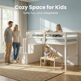 MoproBeti Low Loft Bed with Stairs, Wood Twin Size Kids Loft Bed with Guard Rails,Junior Low Loft Beds with Under-Bed Storage for Small Room/Low Ceiling Bedroom,White MoproBeti