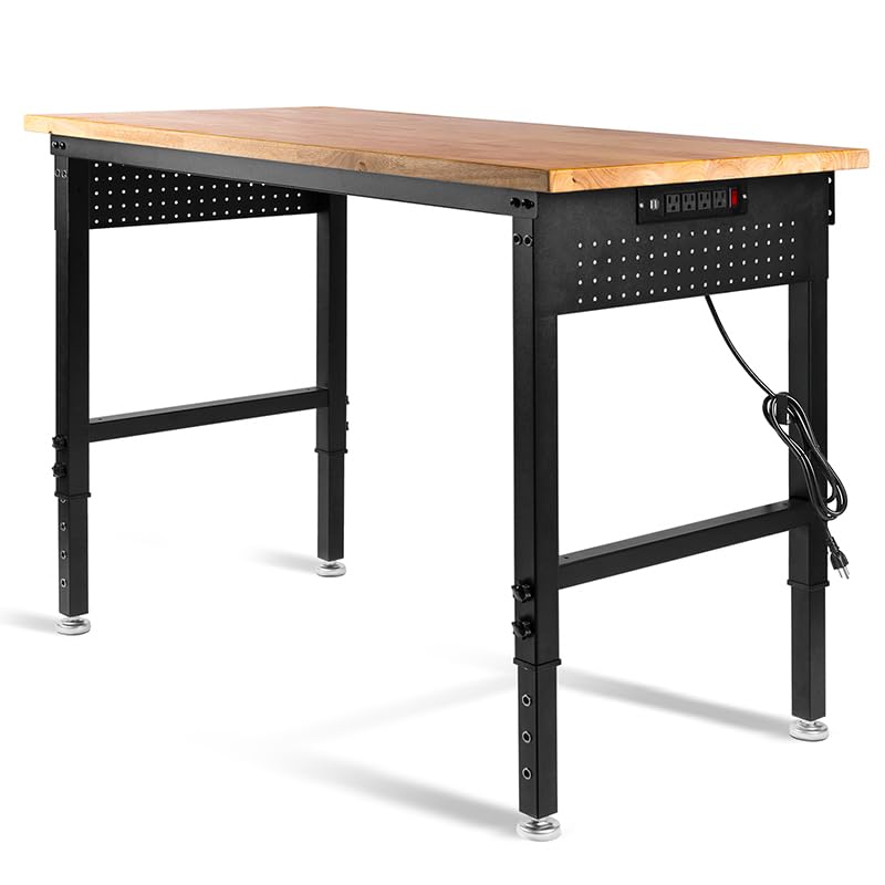 MUWOOD 48" L×24”W Adjustable Workbench, 28”-40”Heights Heavy Duty Table 2000 LBS Load Capacity, Work Bench with Power Outlet & Pegboard, Rubber Wood Work Table for Garage, Office, Workshop, Home MUWOOD