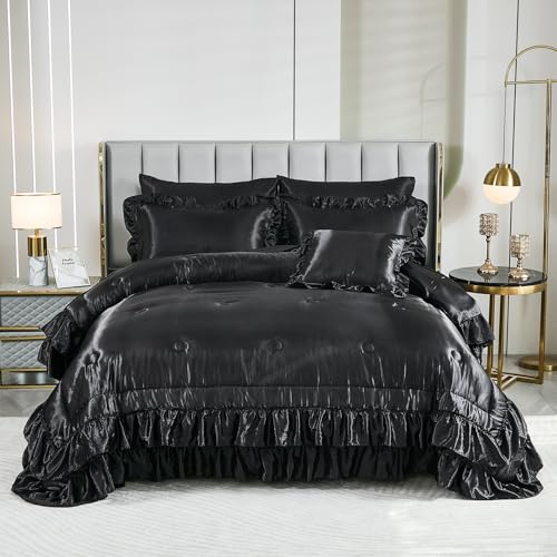 Black Satin Comforter King Size,Ruffle Bedding Set,Silk Like Satin King Comforter Set with Sheets,Silky Black Bedding Bed in a Bag,Soft Smooth Satin Sheets,8 Pcs Ruffled Luxury Comforter Set Bedbay