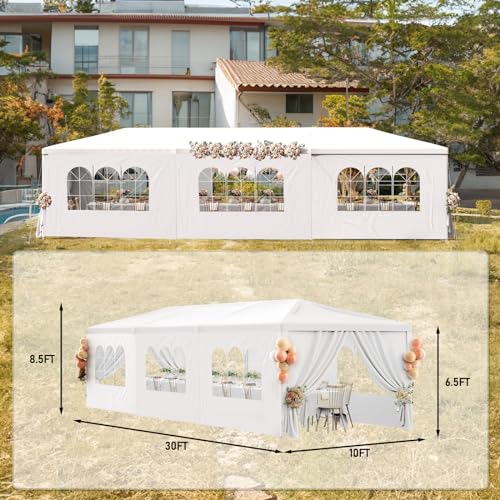 Outdoor Party Tent 10x30 Wedding White Tents for Parties, Heavy Duty Canopy Event Gazebo Shelter with 8 Removable Sidewalls Waterproof Party Wedding BBQ Events susici