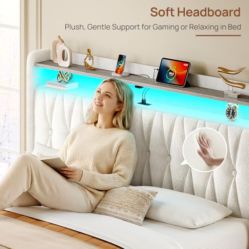 Rolanstar Queen Bed Frame with Drawers, Storage Headboard with Charging Station and LED Lights, Upholstered Bed with Heavy Duty Wood Slats, No Box Spring Needed, Noise Free, Easy Assembly, Beige Rolanstar
