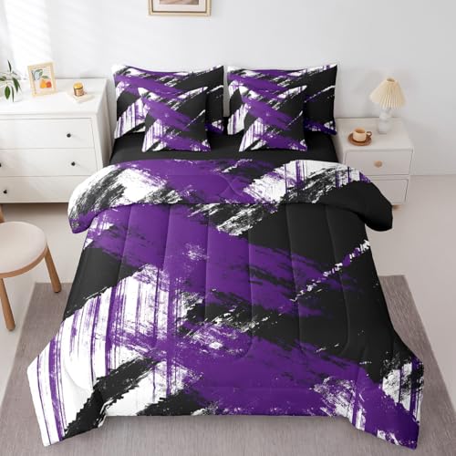 jejeloiu Abstract Art Comforter Set with Sheets Kids King Size 7 Pieces Modern Geometric Bedding Set for Boys Girls Teens White Black Purple Bed in a Bag Room Decor jejeloiu