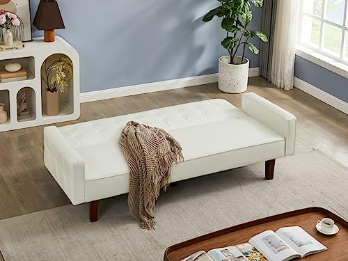 Zaboro Futon Sofa Bed, Convertible Sleeper Sofa, Loveseat Couch PU Leather Sofabed with Wooden Legs for Small Spaces Room Home Office Hotel with Adjustable Backrest, Reclining (White) Zaboro