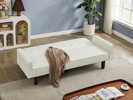 Zaboro Futon Sofa Bed, Convertible Sleeper Sofa, Loveseat Couch PU Leather Sofabed with Wooden Legs for Small Spaces Room Home Office Hotel with Adjustable Backrest, Reclining (White) Zaboro
