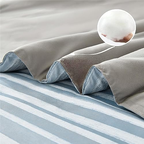KAKIJUMN 5 Piece Bed in a Bag Stripe Comforter Set Twin Size, White Grey Blue Striped Comforter and Sheet Set, All Season Soft Microfiber Complete Bedding Set(Light Blue,Twin) KAKIJUMN