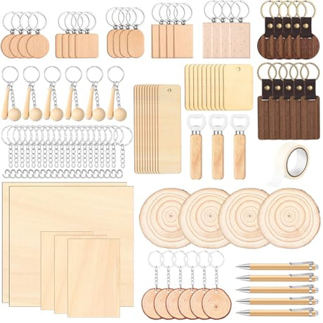 Briwooody 100 Pcs Laser Material Kit Engraving Blanks Wooden Keychains Blanks Set Laser Cutting Materials Unfinished Wooden Engraving Key Tag Ring for DIY Gifts Crafting Cutters Briwooody