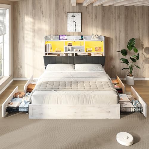 LUXOAK King Farmhouse Bed Frame with Bookcase Headboard and 4 Drawers, LED Storage Bed with Charging Station & Linen Upholstered, No Box Spring Needed, Distressed White LUXOAK