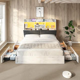 LUXOAK King Farmhouse Bed Frame with Bookcase Headboard and 4 Drawers, LED Storage Bed with Charging Station & Linen Upholstered, No Box Spring Needed, Distressed White LUXOAK