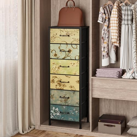 Furnulem Tall 6 Drawers Dresser, Vintage Storage Organizer Unit with Fabric Bins for Bedroom, Living Room, Closet, Nusery, Dorm, Entryway, Bedside Furniture, Sturdy Metal Frame, Wood Top Furnulem