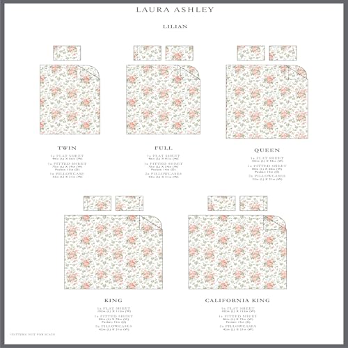 Laura Ashley - Queen Sheet Set, Buttery-Soft Bed Sheets with a Naturally Silky Smooth Cotton Sateen Lightweight Feel - Matching Pillowcases & Fitted Sheet (Lilian Coral) Laura Ashley