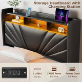 Rolanstar Twin Size Bed Frame, Storage Headboard with Charging Station and LED Lights, Upholstered Bed with Heavy Duty Wood Slats, No Box Spring Needed, Noise Free, Easy Assembly, Black Rolanstar