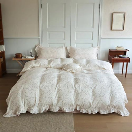 BuLuTu Chic Princess Duvet Cover Full for Teens Girls Pink Floral Comforter Cover 79"x90", Cotton Muslin Quilt Cover with Ruffles Vintage Cottage Bedding, Zipper Closure, No Pillow BuLuTu