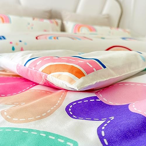 Btargot Lightweight Soft 3 Piece Rainbow Comforter Set with 2 Pillow Covers, Cartoon Love Hearts Flowers and Grass Bedding Set for Girls Boys Kids, Queen Multi-Color Btargot