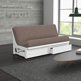 Nirvana Futons Nico Urban Loft Linen Series Sleeper Sofa Collection Full Size White Armless Arden Futon Frame, Storage Drawers, Mattress and Umax Khaki Futon Cover Set Nirvana Futons