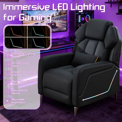 SnyFivv Gaming Recliner Chair with LED Lights, Racing Style PU Leather Gaming Recliner for Adults, Ergonomic Push-Back Recliner with Lumbar Pillow, Home Theater Seating with Side Pockets, Black