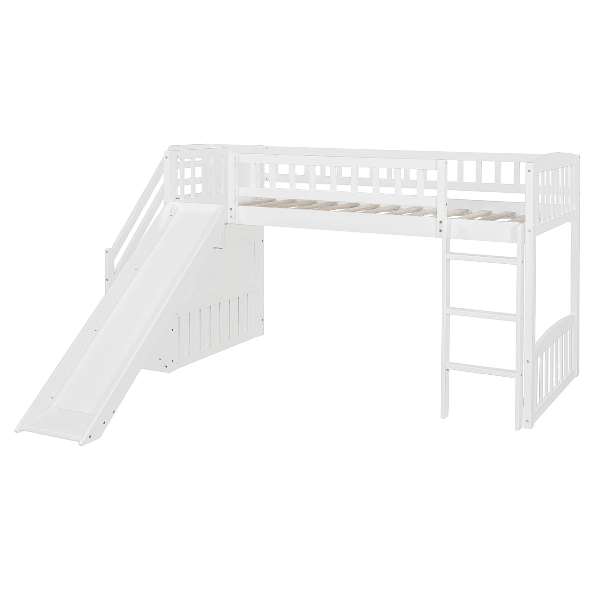 Twin Size Loft Bed Frame with Slide and Stairs for Kids,Twin Size Low Loft Bed with Slide and Drawers,Wood Kids Loft Bed Frame for Boys Girls Teens,White Bellemave