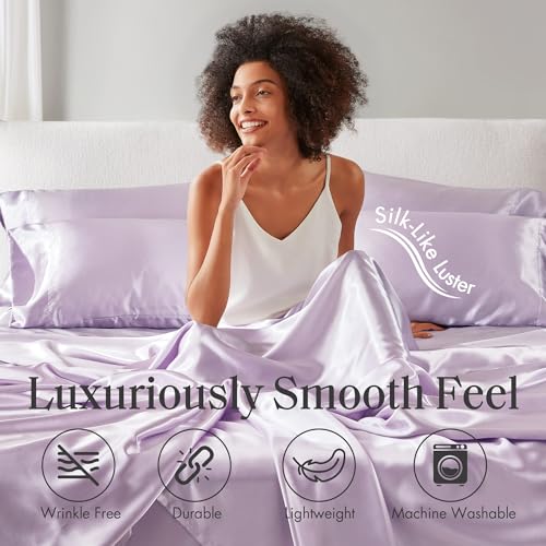 Madison Park Satin Sheets Twin Size, Luxurious Silky Bed Sheets, Elastic 14" Pocket fits up to 16" Mattress, Wrinkle-Free, Soft Satin Bed Sheet Set, Lilac 4 Piece Madison Park