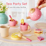 BUYGER Wooden Tea Party Set for Toddlers Little Girls with Tea Cup Teapots Food Tray Pretend Play Kitchen Accessories Cafe Toys Gifts for Ages 3-5 3 4 5 Years Old Buyger
