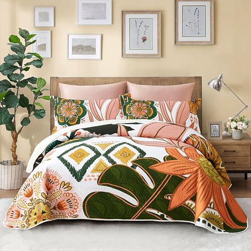 Tyrot 3 Piece Boho Floral King Size Quilt Sets Farmhouse Botanical Reversible Lightweight Bedspread Coverlet with 2 Shams Mid Century Leaves Microfiber Bedding Quilts Set for All Season, 106''x96'' Tyrot