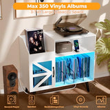 MULEJYBO Large White Record Player Stand with Magnetic Door,350 Vinyl Record Storage Cabinet, Record Player Table with Power Outlet & LED Light,Turntable Stand with Wood Legs for Living Room,Office MULEJYBO