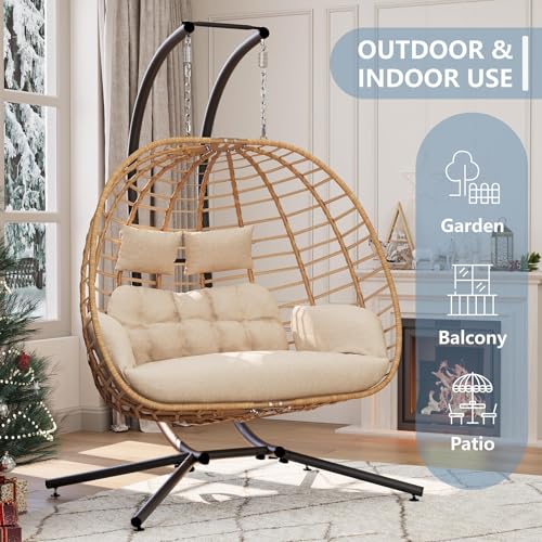 SWITTE Double Hanging Egg Chair with Stand, Outdoor Patio 2 Person Wicker Hammock Swing Chairs with Cushion Loveseat for Indoor Bedroom, Lawn, Garden-Beige SWITTE