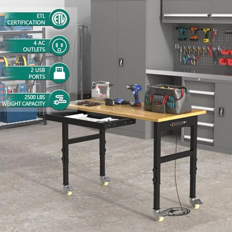 Adjustable Heavy Duty Workbench with Drawers,Rubber Wood Top Working Table, 2500 LBS Load Capacity DUSACOM