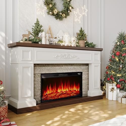 60" Fireplace with Mantel, Solid Wood White TV Stand with Fireplace for, Modern Entertainment Center TV Stand, Replaceable 30" Fireplace Insert Heater, for Living Room, Bedroom BOSHIRO