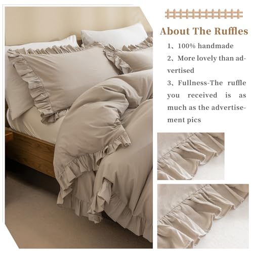 QSH Washed Cotton Queen Duvet Cover Set Ruffle Duvet Cover Linen Textured Farmhouse Shabby Vintage Chic Bedding Comforter Cover 3 PCs Aesthetic French Country Queen Bed Set QSH