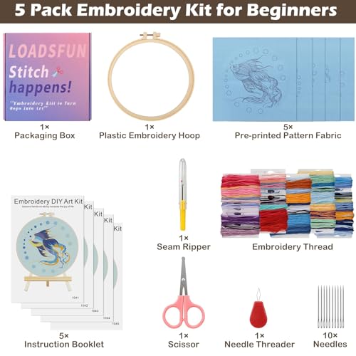 LOADSFUN 5 Pack Embroidery Kit for Beginners - Needlepoint Kits for Adults Step by Step Instructions with Video Tutorials, Full Craft Tool Set with Hoop, Needles and Threads (Goldfish)