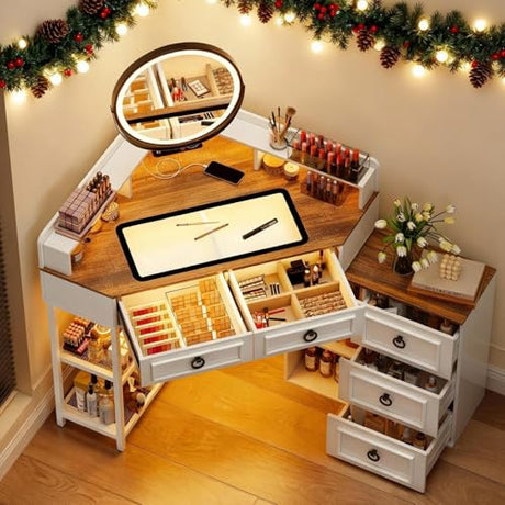 MDGC Corner Vanity Desk with Rotating Mirror and Lights,Glass Top Makeup Vanity with Human Body Senor&Charging Station,LED Vanity Table Set with 5 Drawers and Shelves for Bedroom MDGC