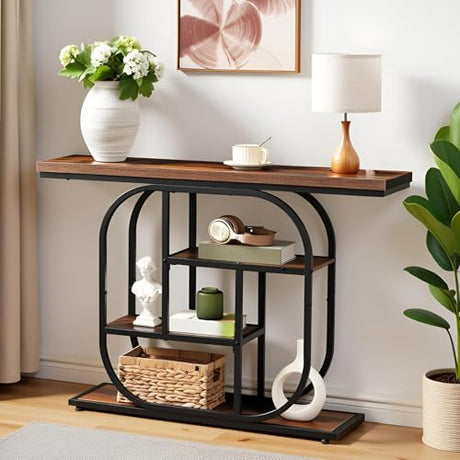 HOOBRO 43.3" Console Table, 4-Tier Sofa Table, Industrial Entryway Table, Behind Couch Table, Accent Table with Storage Shelf for Entryway, Foyer, Living Room, Bedroom, Hallway, Rustic Brown BF65XG01 HOOBRO