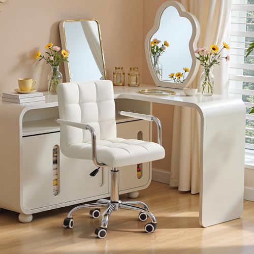 Furmax Vanity Office Chair with Wheels, Makeup PU Leather Executive Chair Modern Adjustable Home Desk Retro Comfortable Work Chair 360 Degree Swivel with Arms (White) Furmax